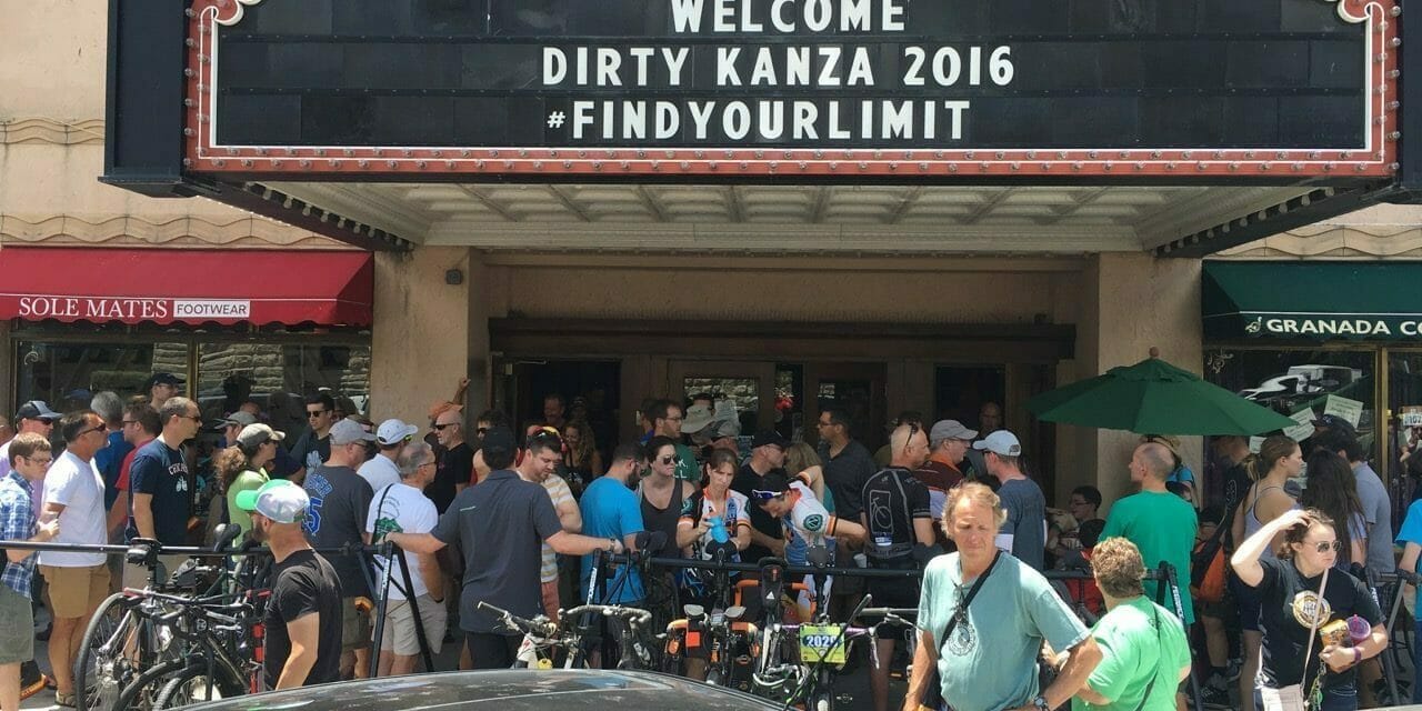 Old theater entrance canopy with sign that reads Welcome Dirty Kanza 2016 #FINDYOURLIMIT