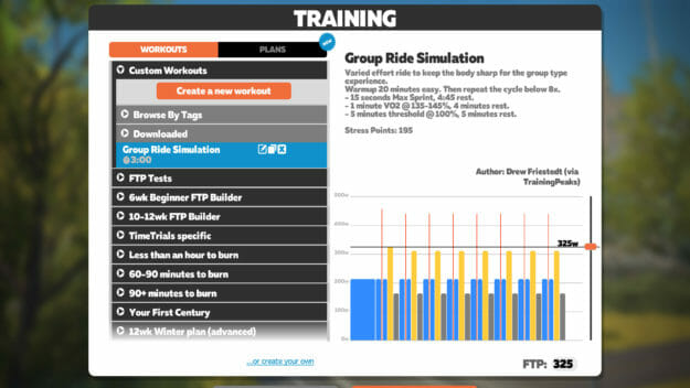 Zwift Custom Workout Screen