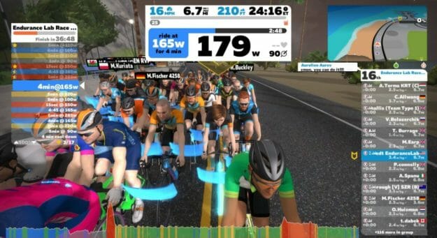Zwift screen with riders in a group workout